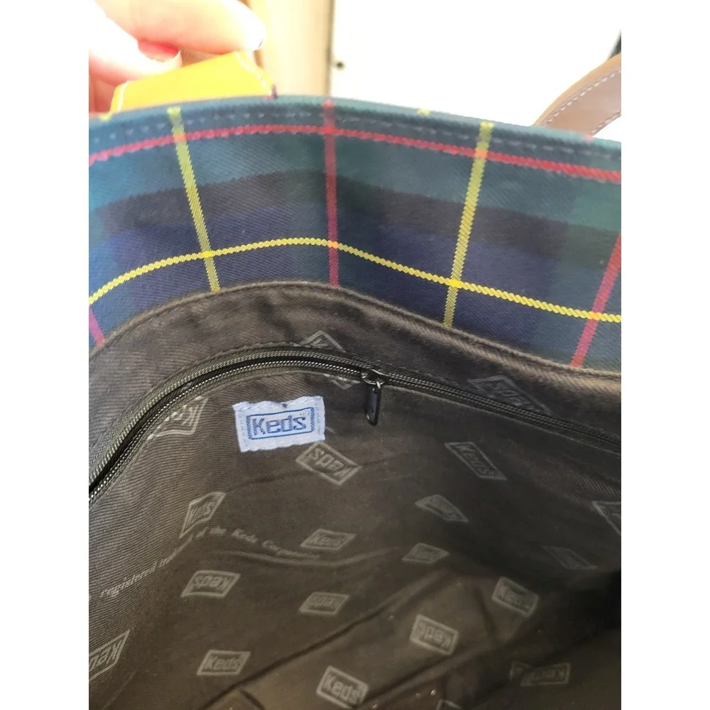 Keds Plaid Canvas‎ & Faux Leather Tote Bag Women's Large Shoulder Handbag Navy